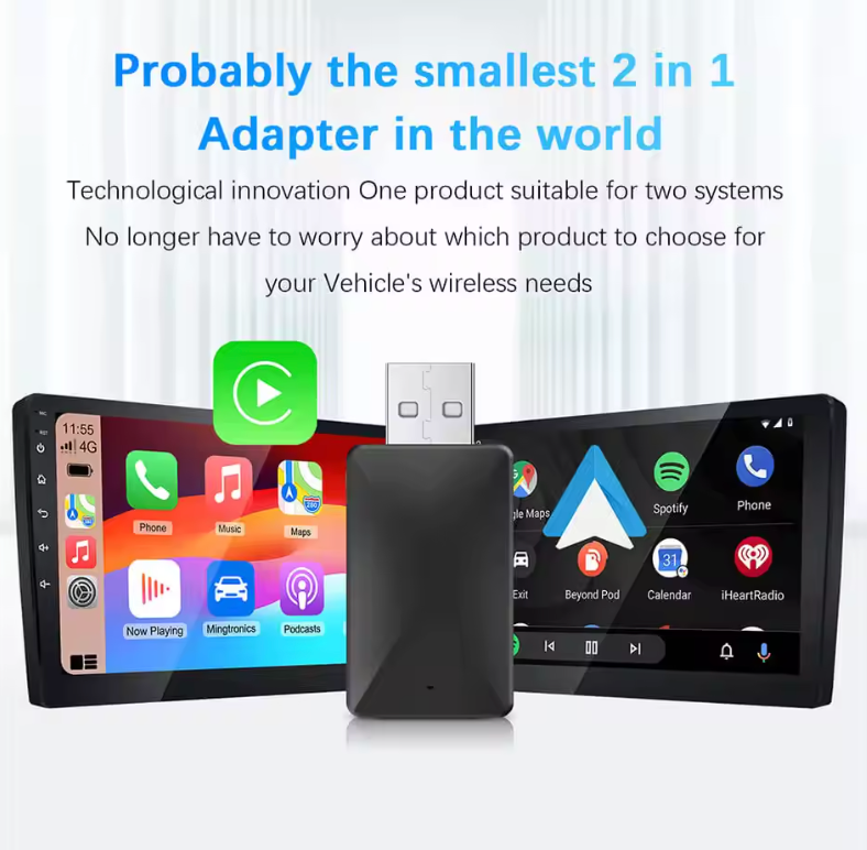 2-in-1 Wired to Wireless CarPlay & Android Auto Adapter – USB Plug & Play for OEM
