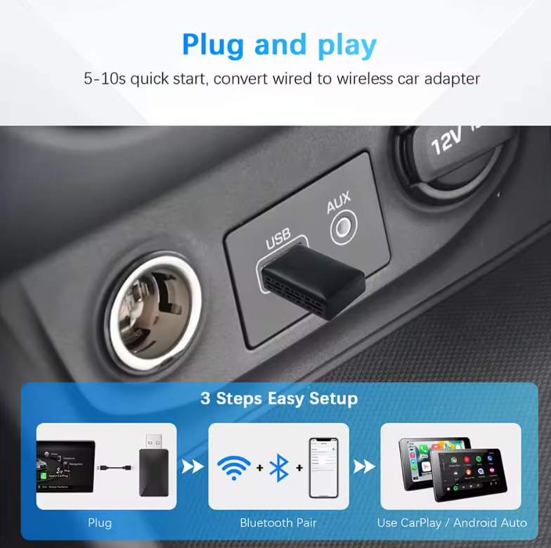 2-in-1 Wired to Wireless CarPlay & Android Auto Adapter – USB Plug & Play for OEM