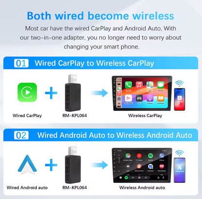 2-in-1 Wired to Wireless CarPlay & Android Auto Adapter – USB Plug & Play for OEM